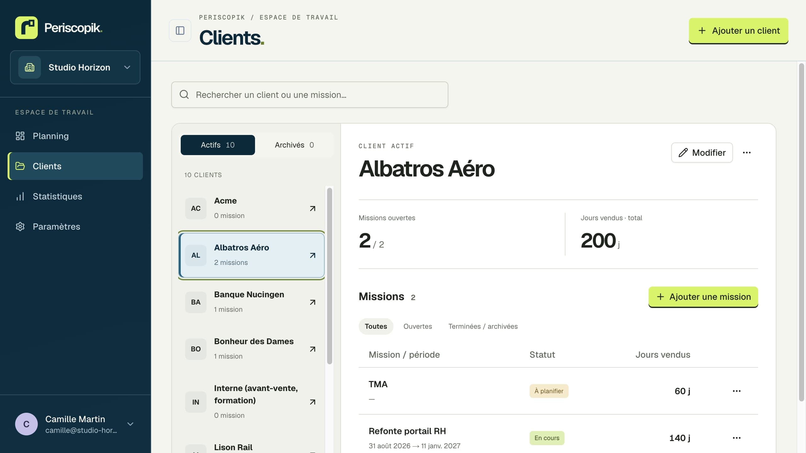 Vue clients de Periscopik, données de démonstration : clients et missions avec leurs périodes, statuts et jours vendus.